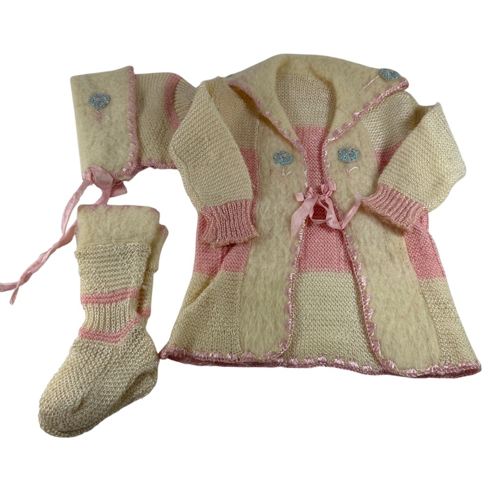 Vintage Hand Knit Baby Sweater and Booties Set Cream Pink Crochet Flower
